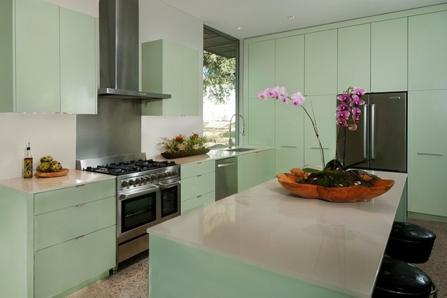 Lederhocker-helle-grüne-Farbe-in-der-Küche-Orchideen