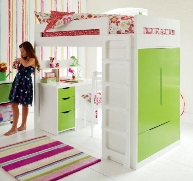Mädchen-Zimmer-Hochbett-in-Weiß-und-Grün