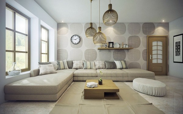 Naturstein-Boden-mit-Teppich-kleine-symmetrische-Muster-auf-der-Wand-und-Polsterung