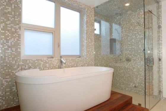 Ovale-Badewanne-auf-angehobenem- Boden-Duschkabine-mit-Glaswand