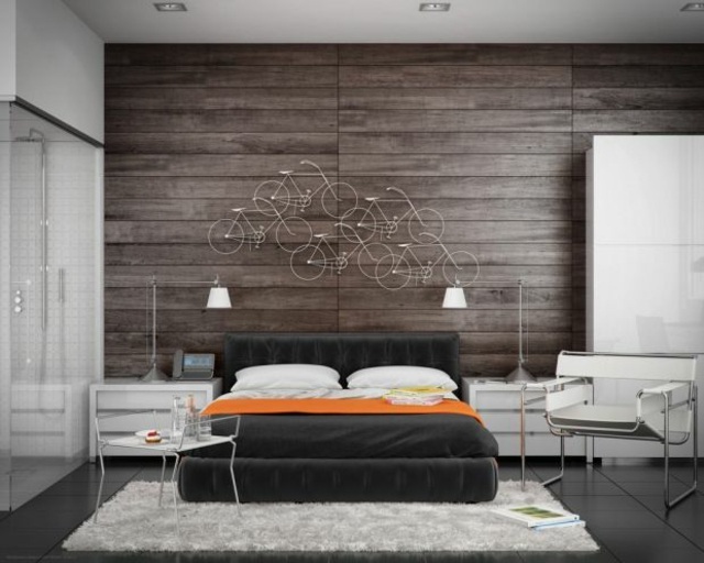 Schlafzimmer-mit-Duschbereich-Wandverkleidung-mit-Holzpaneele