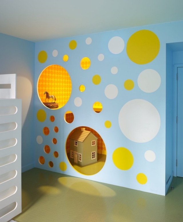 Spielhaus-Kinderzimmer-Ideen-für-Farbe-Wand-Blau-Gelbe-Innere