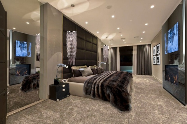 Taupe-Farbe-Teppichboden-gesteppte-Wand-aus-Leder-LED-Fernseher