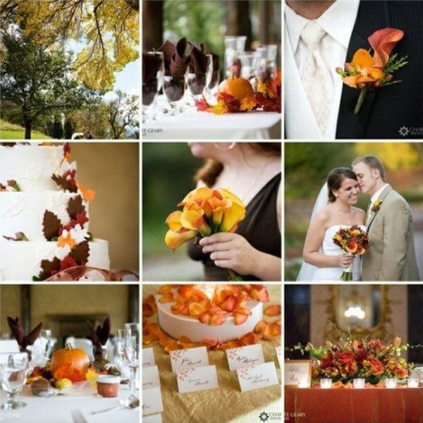 Tischdeko-mit-Blätter-Brautpaar-Herbst-Schleier
