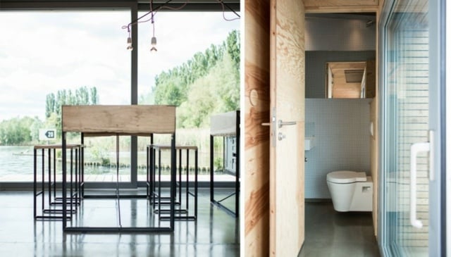 Toilette-mit-Mosai-Fliesen-Holztür-Esstisch-mit-Metall-Gestell