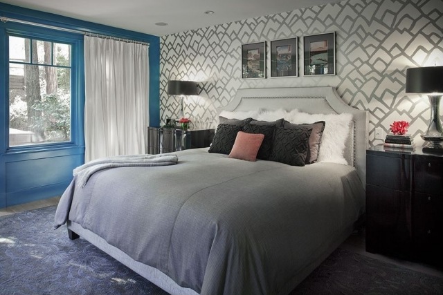 Wandfarben-Schlafzimmer-Dekor-Motivtapeten-fensterwand-blau-gestrichen