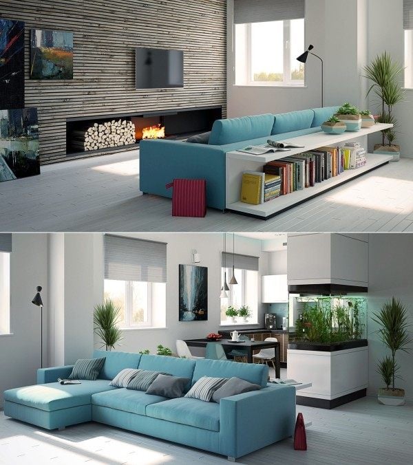 Wandverkleidung-aus-Holz-mit-Kamin-und-Holz-blaues-Sofa