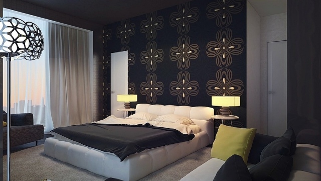 Wohnideen-moderne-Schlafzimmerfarben-Tapeten-muster-schwarz