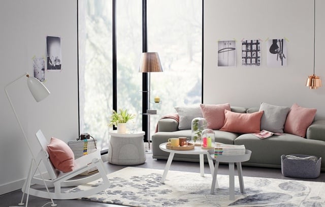 Ideen rosa Pastellfarbe grau Sofa Wand Gestaltung