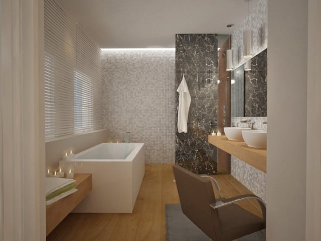 mosaik Fliesen für Bad dezente-afrben-weiss-grau-badewanne-holzboden