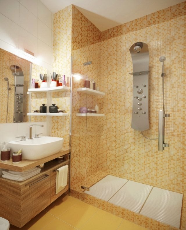 badezimmer-begehbare-dusche-gelbe-wandmosaik-bereich