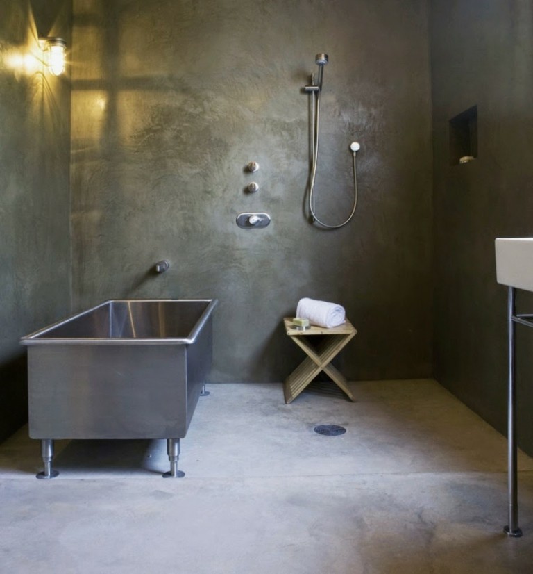 badezimmer ohne fliesen beton optik wand badewanne metall modern grau