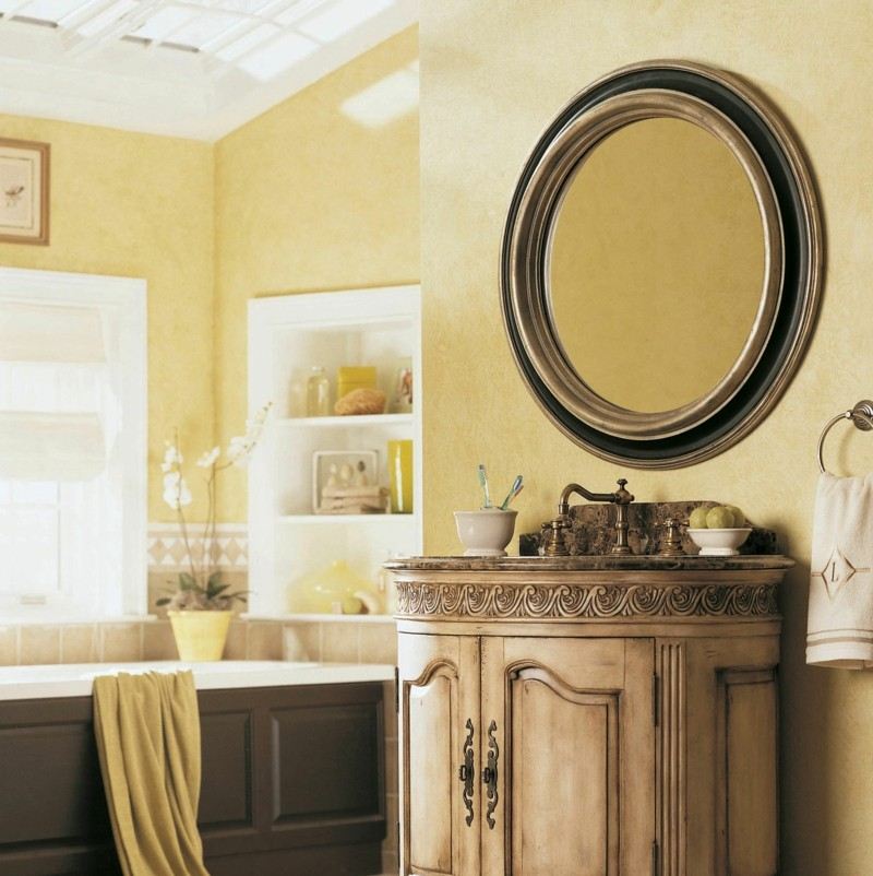 badezimmer ohne fliesen mediterran putz wand gelb vintage waschschrank