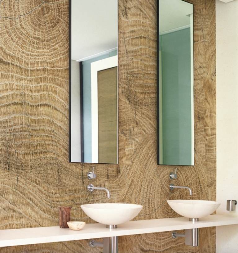 badezimmer ohne fliesen modern holz wand idee spiegel lang waschkonsole
