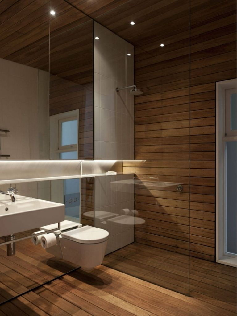 badezimmer ohne fliesen wand holz fussboden spiegel modern
