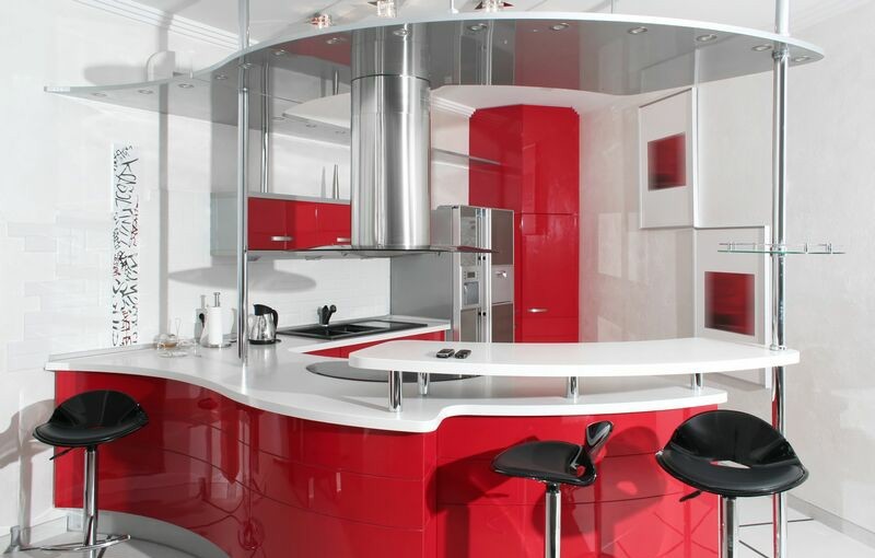bilder für küche rot hochglanz wellen form chrom akzente