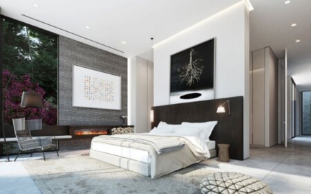 designer-schlafzimmer-schwarz-weiss-grau-kaminofen