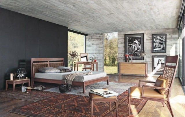 dramatische-wandfarben-schlafzimmer-teppich-ethno-look-wand-decke-beton-effekt