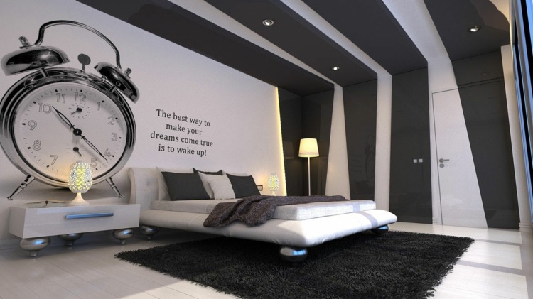 farben waende ideen modern schlafzimmer-fototapete-schwarz-weiss-schaggy-teppich-stehlampe-zitat