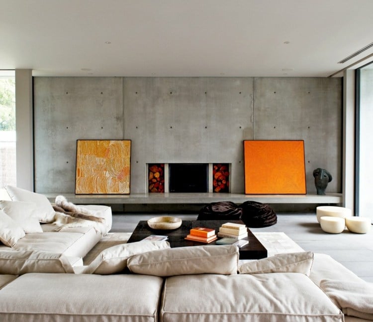 Farben Wände Ideen modern-sichtbeton-sofa-creme-wandbild-kaminofen