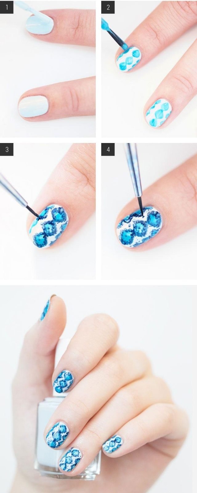 fingernagel-design-selbermachen-anleitung-ethno-look-blau-sommer