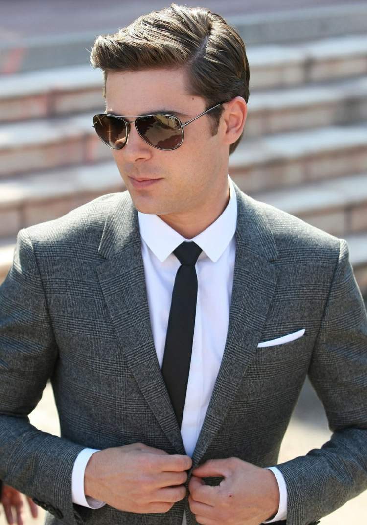 frisuren für männer seitenscheitel gel sonnenbrille anzug grau
