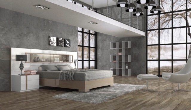 modernes Schlafzimmer weiß Bett Kopfteil Laminatboden