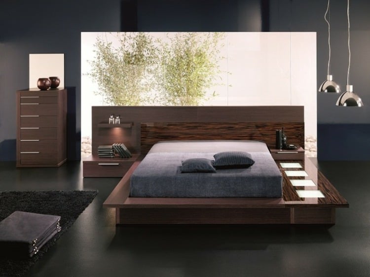 idee-schlafzimmer-holz-bett-hochglanz-elemente-schwarz-waende-boden-natur-dekoration