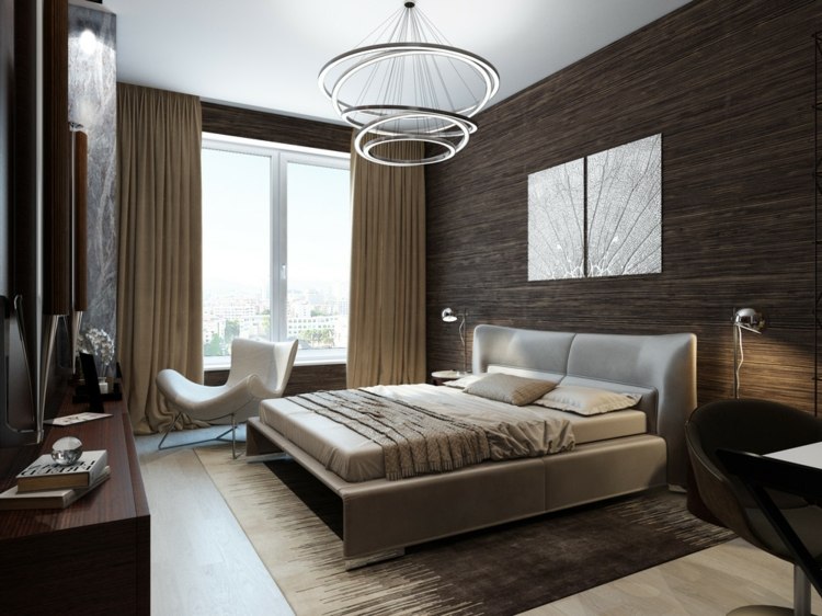 idee-schlafzimmer-holz-wand-braun-teppich-leder-bett-beige-gardinen-designer-lampe