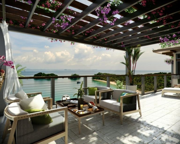 ideen für terrasse meer ausblick pergola kletterpflanzen blueten modern einrichtung