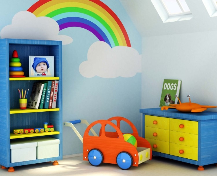 ideen-jugendzimmer-streichen-kommode-regal-blau-regenbogen-wandmalerei-wolken-dachfenster