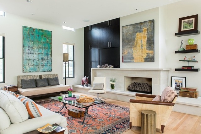 ideen-wohnzimmer-dekoration-eklektisch-kelim-orientalisch-abstrakte-wandkunst
