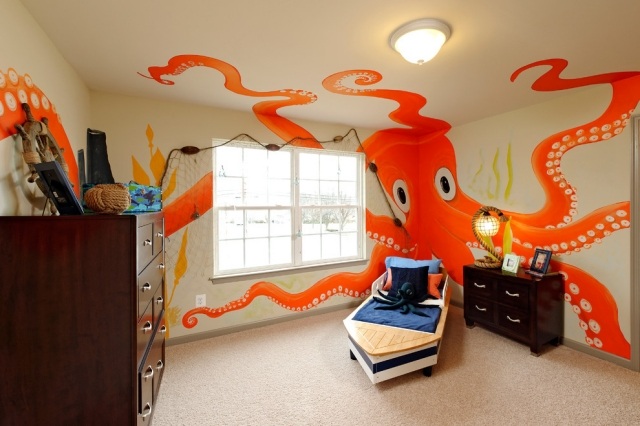 kinderzimmergestaltung-farbe-wandmalerei-orange-oktopus-junge