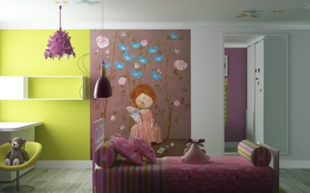 kinderzimmergestaltung mit farbe wandbild maedchen blumen braun gruen