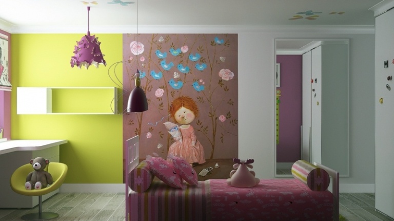 kinderzimmergestaltung mit farbe wandbild maedchen blumen braun gruen