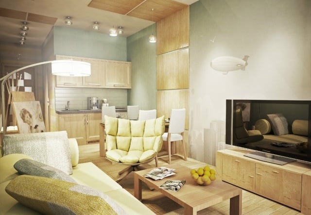 kleines-wohnzimmer-essbereich-modern-holz-wandplatten-kleine-kuechenzeile