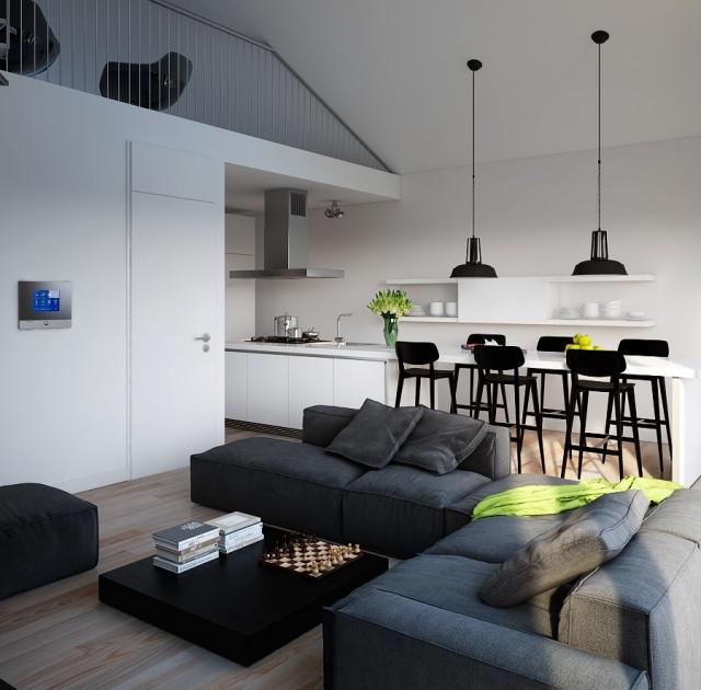 kleines-wohnzimmer-essecke-schiefergraue-polstersofas-weisse-kuechenzeile-schwarze-stuehle-leuchten-couchtisch