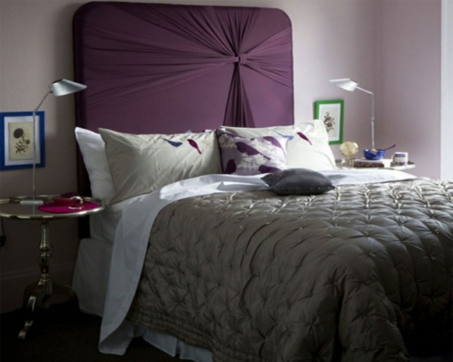 kopfbrett modern stoff bett violett schlafzimmer deko