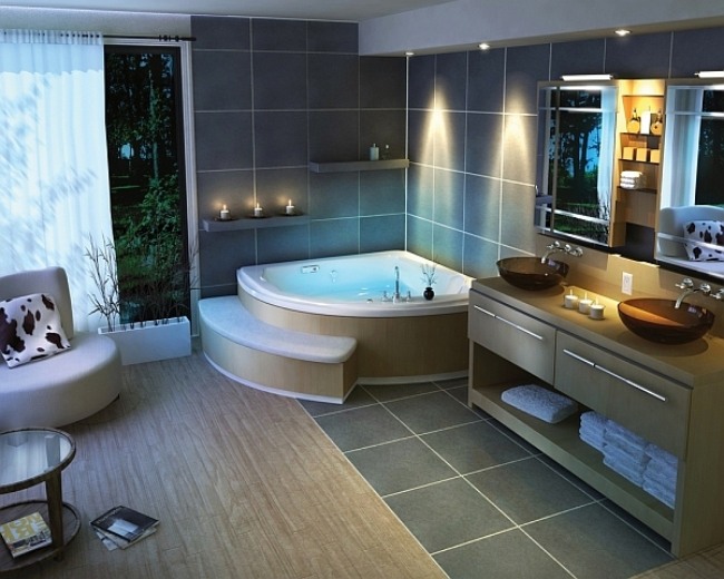 luxus-badezimmer-whirlpool-badewanne-wandleuchten-fußboden-holz-fliesen