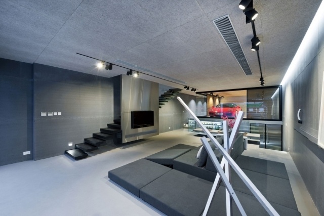 luxushaus in hong kong wohnzimmer-grau-schwarze-schwebende-treppen