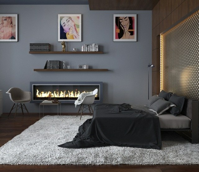 modernes-Schlafzimmer-einrichten-Poster-Wand-Kamin-Wandregale-Bett-Kopfteil