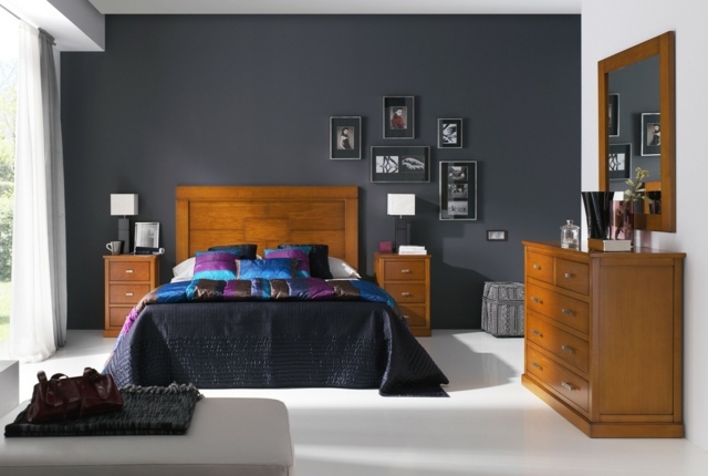 Schlafzimmer einrichten anthrazitgraue Farbe Kastanienholz Möbel