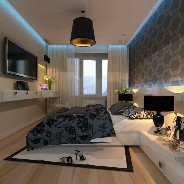 modernes-schlafzimmer-wand-dekorieren-tapete-kleiner-raum-weiss-grau-led-deckenbeleuchtung