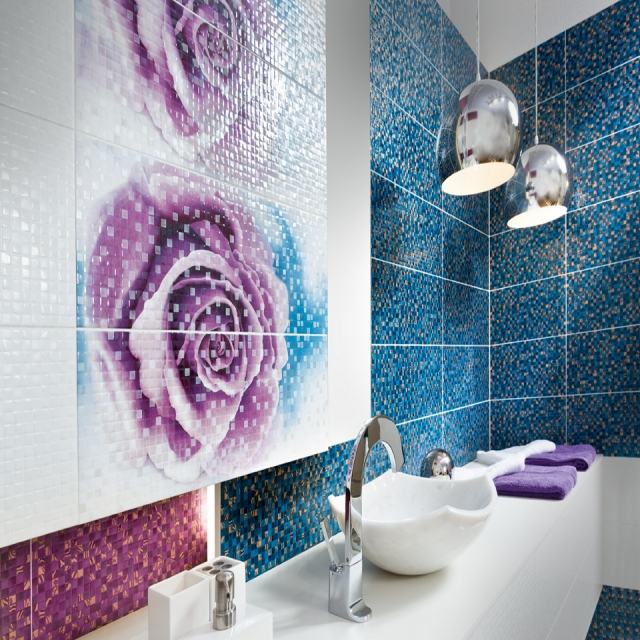 Fliesen für Bad mosaik blau-lila-rosen-gemaelde