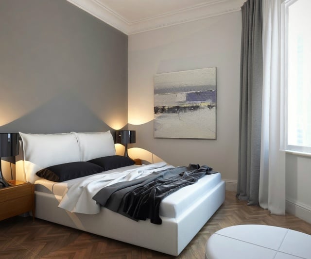 schlafzimmer-dekorieren-modern-wandfarbe-grau-weisses-polsterbett