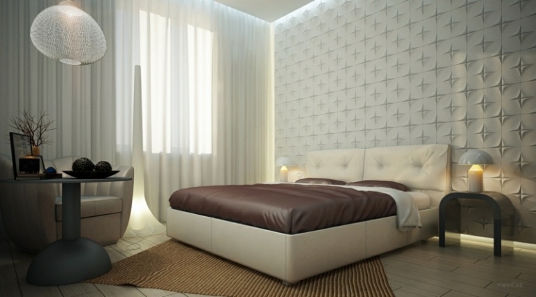 schlafzimmer dekorieren wandpaneele 3d effekt weiss elegant leder bett