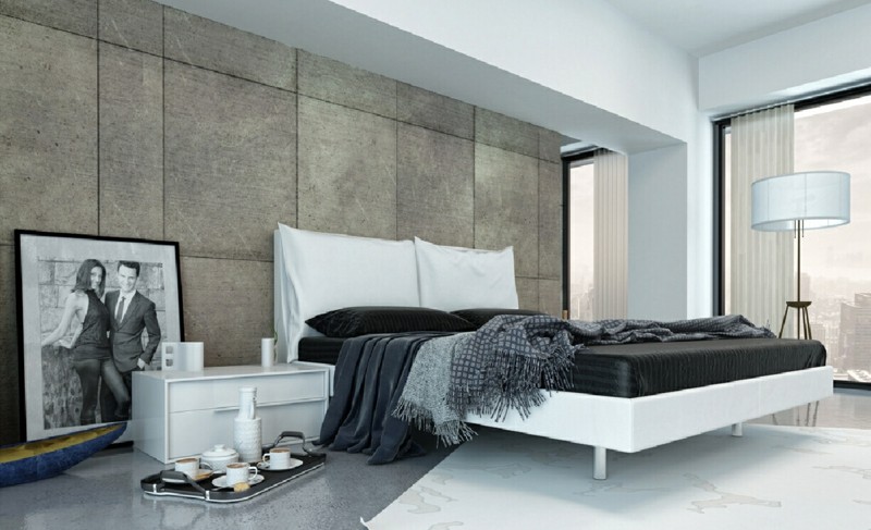 schlafzimmer farbgestaltung beton opik akzentwand weiss minimalistisch