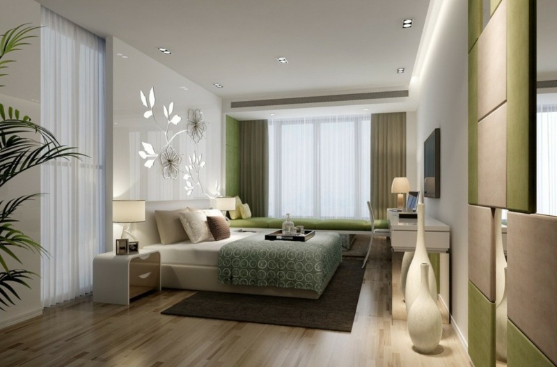 schlafzimmer farbgestaltung modern floral motive akzentwand laminat