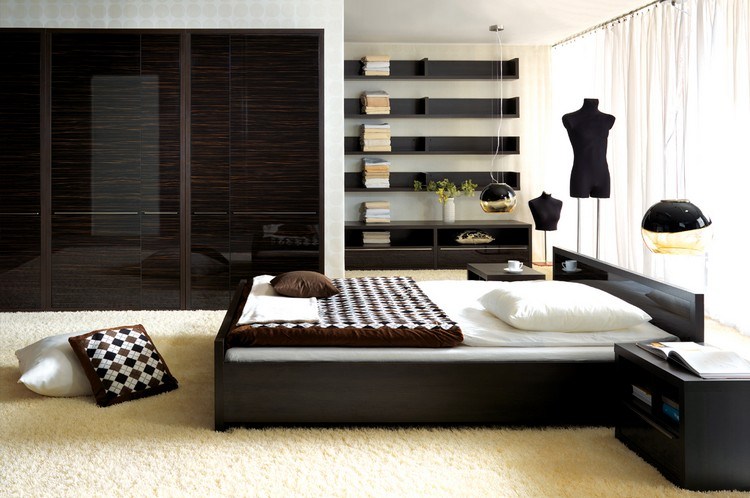 schlafzimmer-gestaltung-ideen-moebel-dunkle-farben-holz-hochglanz