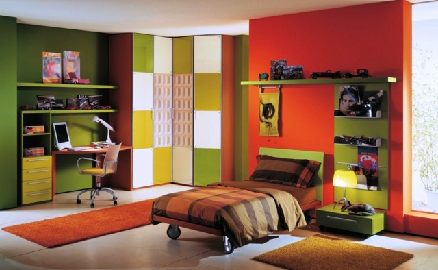 schlafzimmer jugendlich orange grün modern design